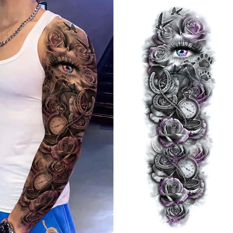 Purple Rose Temporary Sleeve Tattoos-Eye Clock & Birds – neartattoos